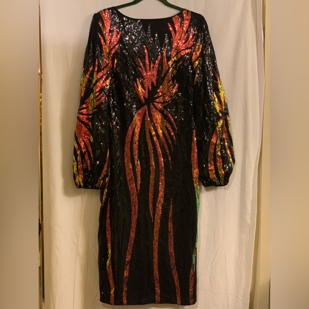 FAERIESTY Sexy Elegant Puff Long Sleeve Black & Color Sequins Body Con Dress